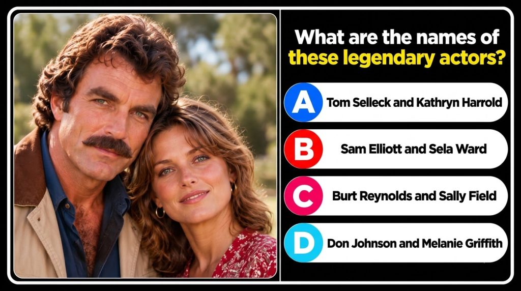 A close-up portrait of actors Tom Selleck and Kathryn Harrold with Tom Selleck on the left sporting his mustache and Kat