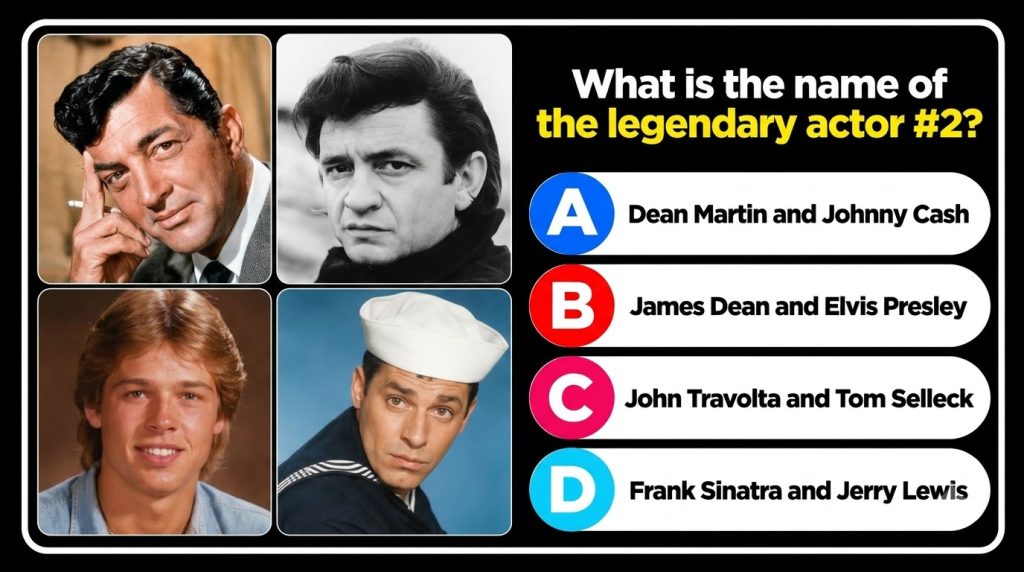 A four-panel celebrity quiz graphic featuring Dean Martin Johnny Cash John Travolta and Jerry Lewis with the question Wh