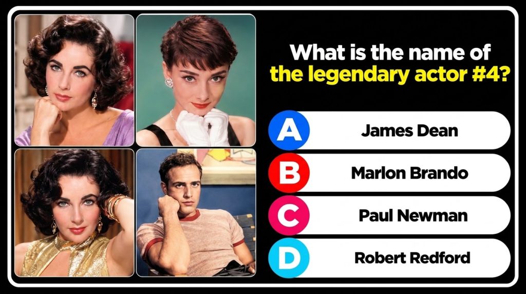 A 2x2 grid quiz image featuring four classic Hollywood star portraits Top-left and bottom-left are Elizabeth Taylor top-