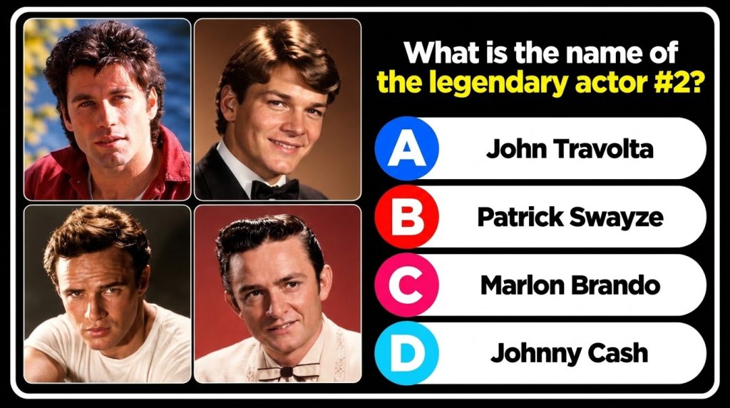 A 2x2 grid of headshots of four legendary actors John Travolta Patrick Swayze Marlon Brando and Johnny Cash The image is
