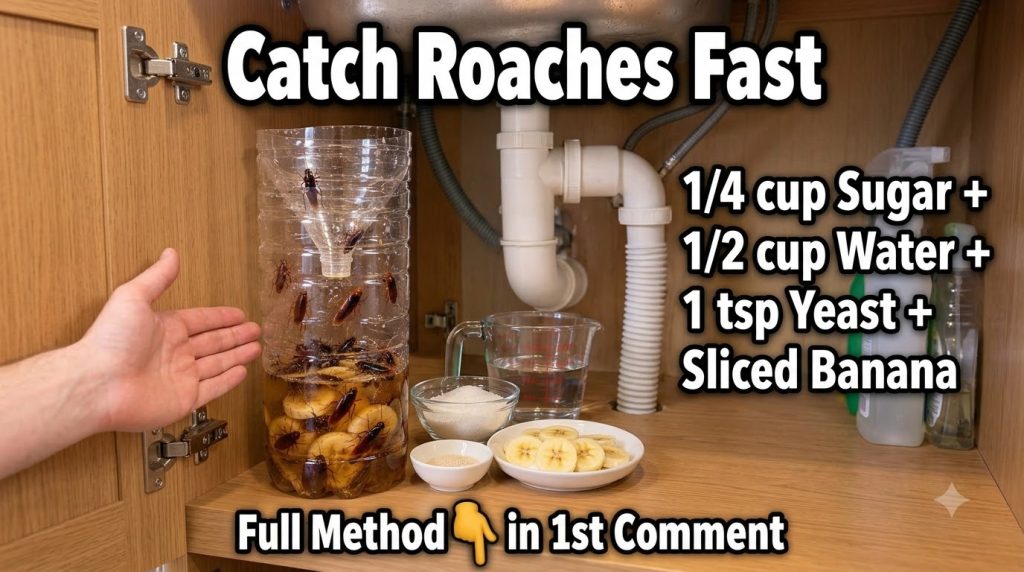 A homemade pest trap made from an inverted plastic bottle with banana slices and liquid bait inside placed under a kitch