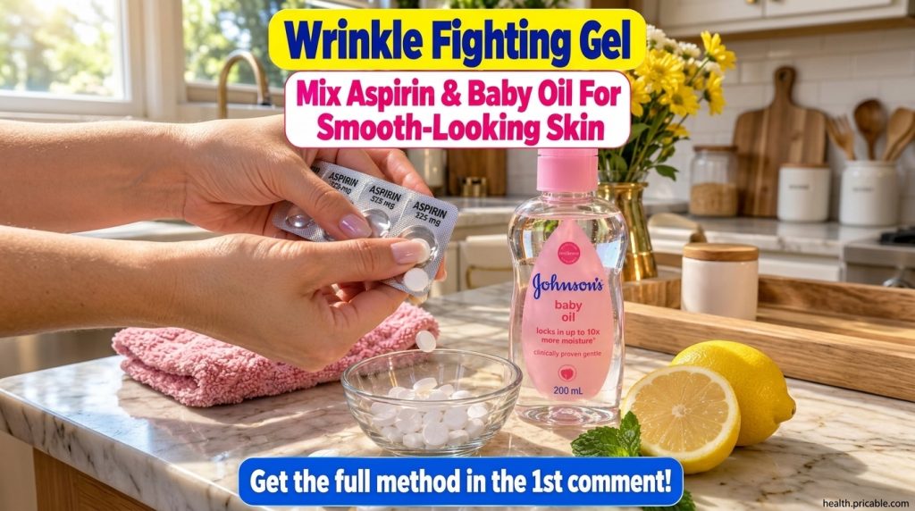 A woman s hands preparing a DIY beauty remedy pushing aspirin pills into a bowl with a bottle of baby oil next to it A l