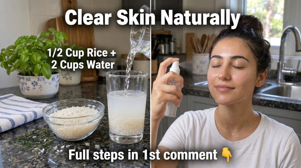 A hand pouring water into a glass containing white rice grains on a kitchen counter