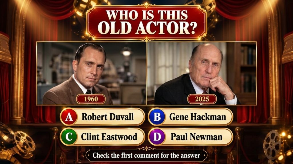 A split-screen quiz card featuring two portraits of Clint Eastwood one younger labeled 1960 with slicked-back hair and a