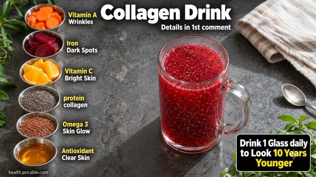 A vibrant infographic of natural ingredients carrots beetroot orange chia seeds flax seeds honey alongside a glass of re