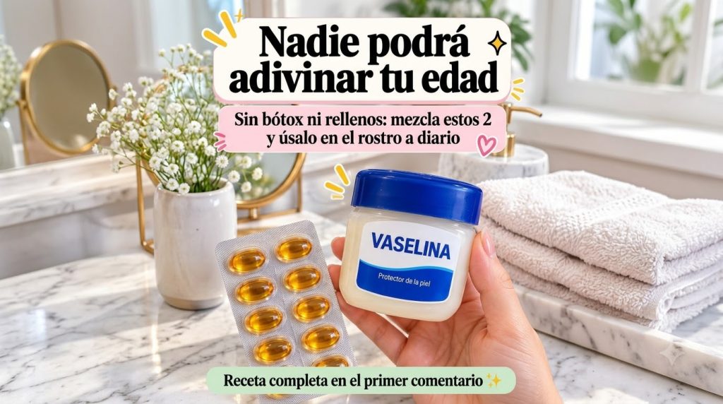 A hand holding a tub of Vaseline and a blister pack of amber Vitamin E capsules in a modern bathroom setting