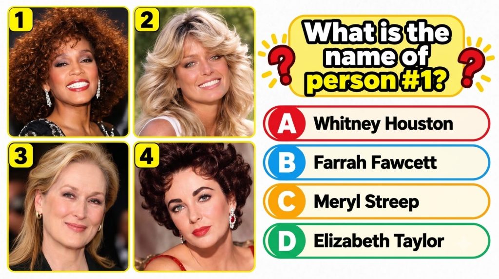 A multi-panel celebrity quiz image with four portraits The top-left portrait shows Whitney Houston central to the quiz q