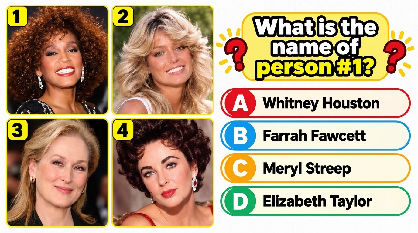 A multi-panel celebrity quiz image with four portraits The top-left portrait shows Whitney Houston central to the quiz q