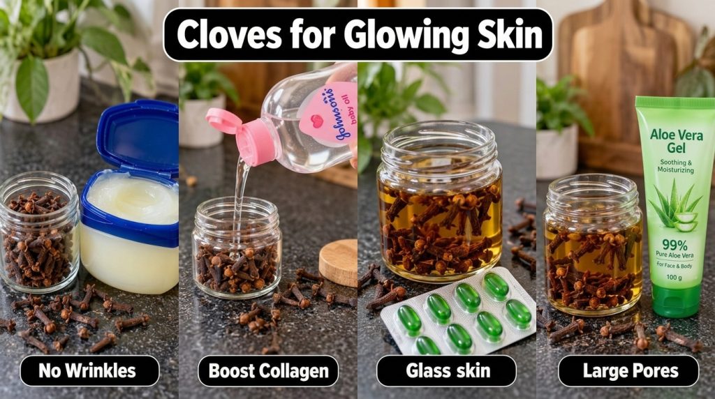 A four-panel grid showing various DIY clove beauty remedies cloves with Vaseline for wrinkles cloves with baby oil for c