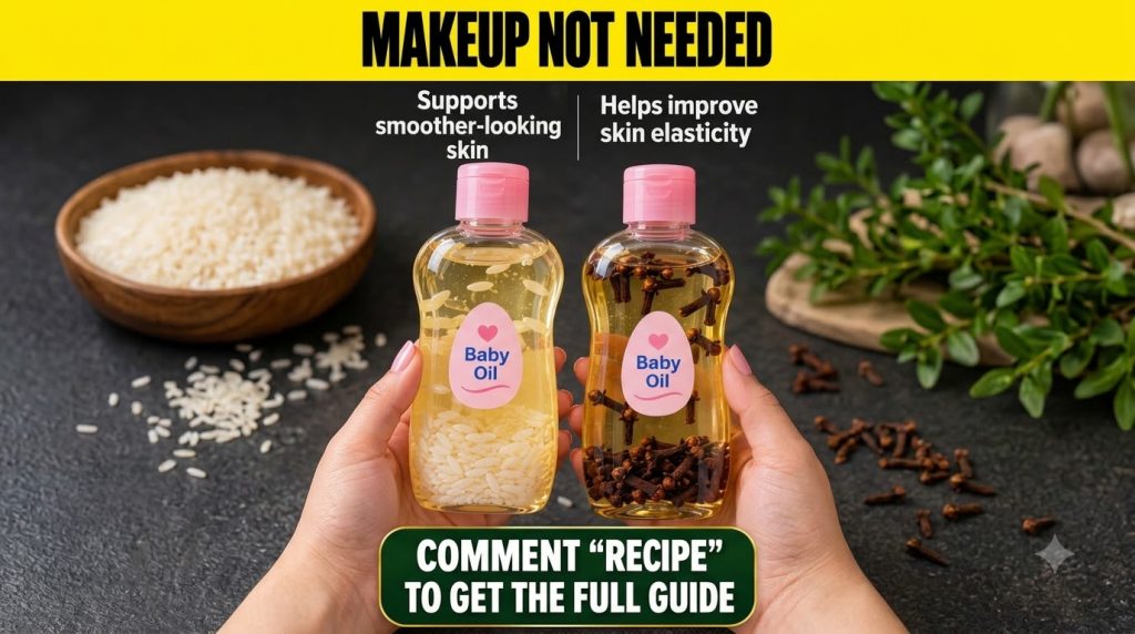 A split-screen showing two bottles of Johnson s baby oil against a black background The left bottle contains rice grains