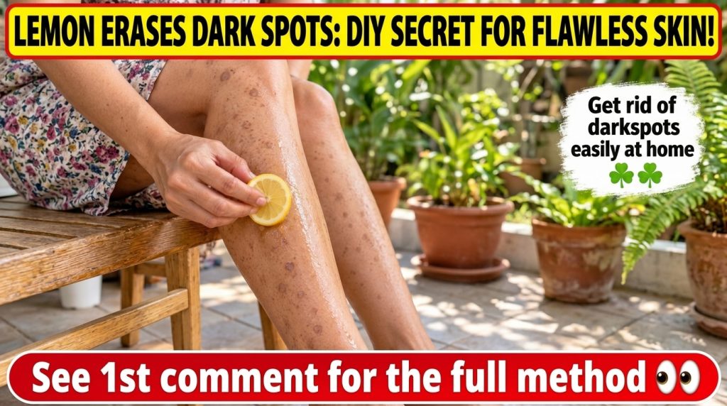 A close-up shot of a person s legs with dark spots A hand is rubbing a lemon slice onto one of the legs The background s