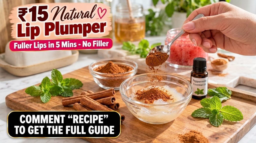 A hand is pouring reddish-brown cinnamon powder into a clear glass bowl containing a creamy white base mixture for a DIY