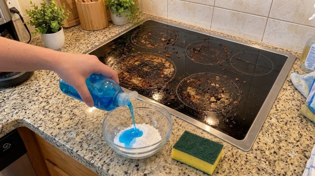 A close-up overhead view of a hand pouring blue dish soap into a glass bowl containing white powder presumably baking so