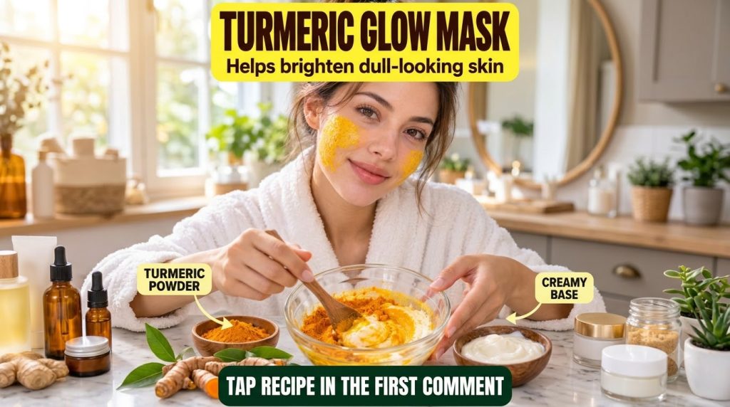A composite image showing a woman with a turmeric face mask applied to her cheeks and a glass bowl with turmeric powder 
