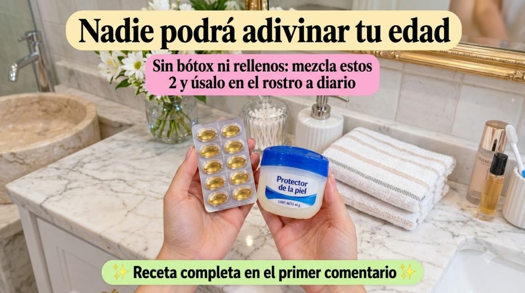 Una mano sosteniendo cápsulas de Vitamina E y un pequeño frasco de vaselina sobre un fondo de tocador de baño borroso co