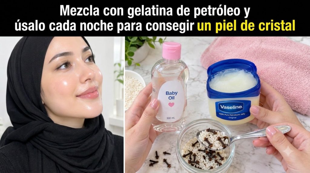A young woman with exceptionally glowing glass skin and a flat lay of ingredients Johnson s Baby Oil Vaseline rice grain