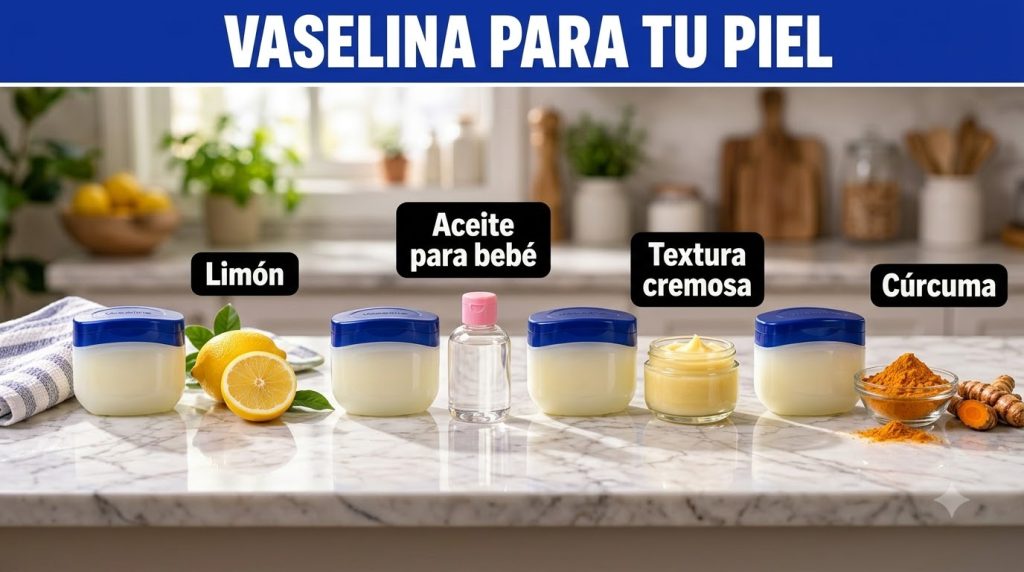 A multi-panel graphic titled VASELINA PARA TU PIEL showing a white jar of petroleum jelly combined with lemons baby oil