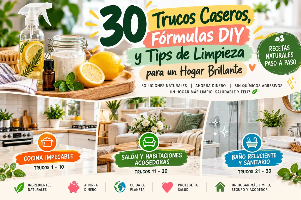 Infografía visual de trucos de limpieza caseros con ingredientes naturales como limones y bicarbonato de sodio y paneles