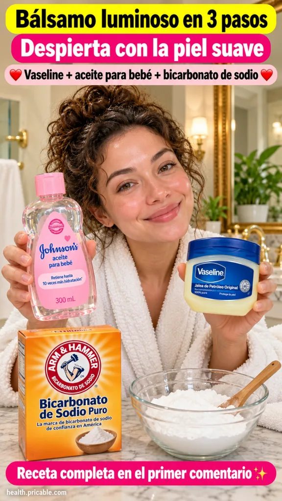 A smiling woman in a white bathrobe holding a bottle of Johnson s baby oil and a jar of Vaseline On the counter there s 