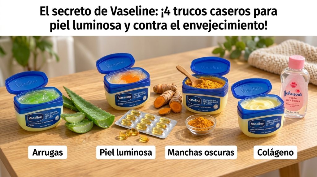 A vertical collage showing four panels each pairing a Vaseline jar with natural ingredients for specific skin benefits a