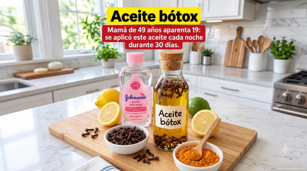 Ingredientes para hacer un aceite bótox casero incluyendo clavos de olor limones aceite de bebé y cúrcuma en polvo dispu