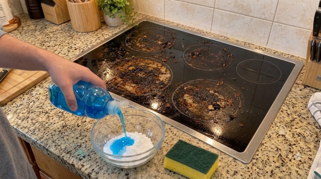 A hand pouring blue dish soap into a bowl of white cleaning powder baking soda on a granite countertop with a heavily so
