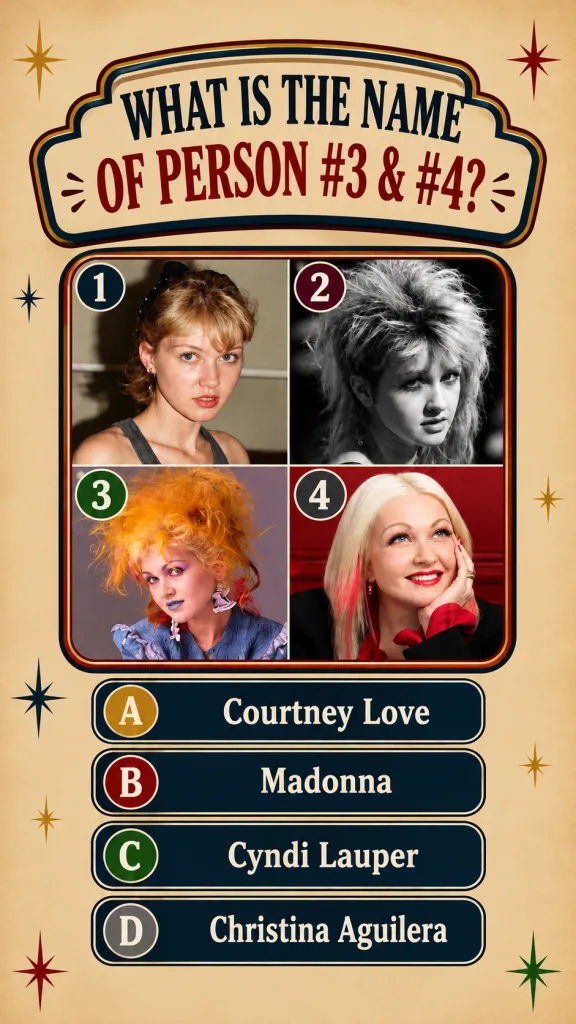 A retro-themed pop culture quiz with a central question framed at the top It features a 2x2 grid containing four black a