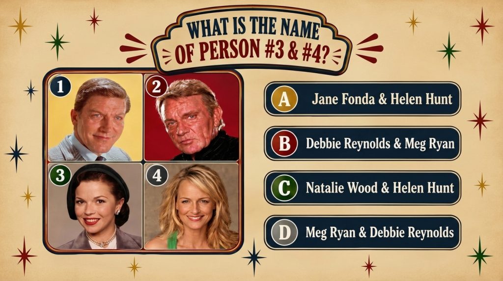A vintage-style quiz card with a beautiful portrait of Elizabeth Taylor surrounded by multiple-choice options for her na