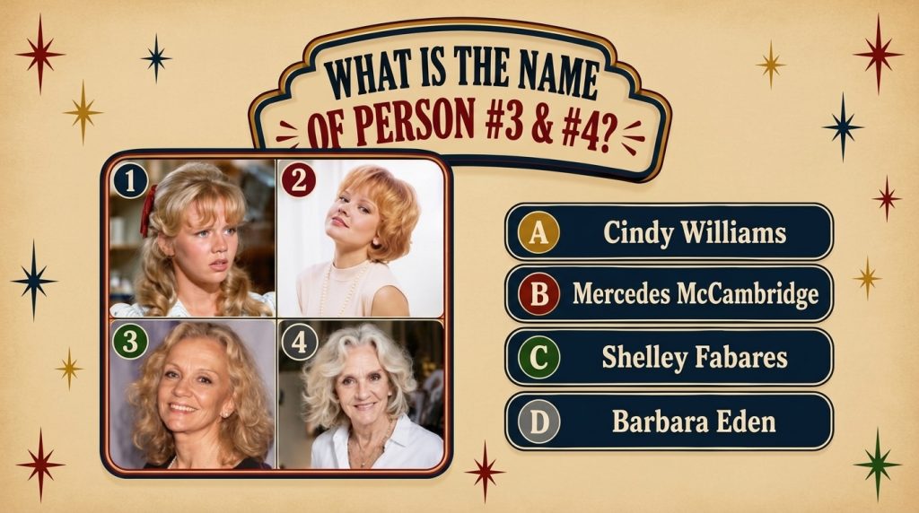 A retro-themed celebrity multiple-choice quiz poster featuring Audrey Hepburn