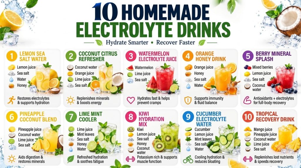 A vibrant infographic displaying 10 different homemade electrolyte drinks in glasses each surrounded by fresh ingredient