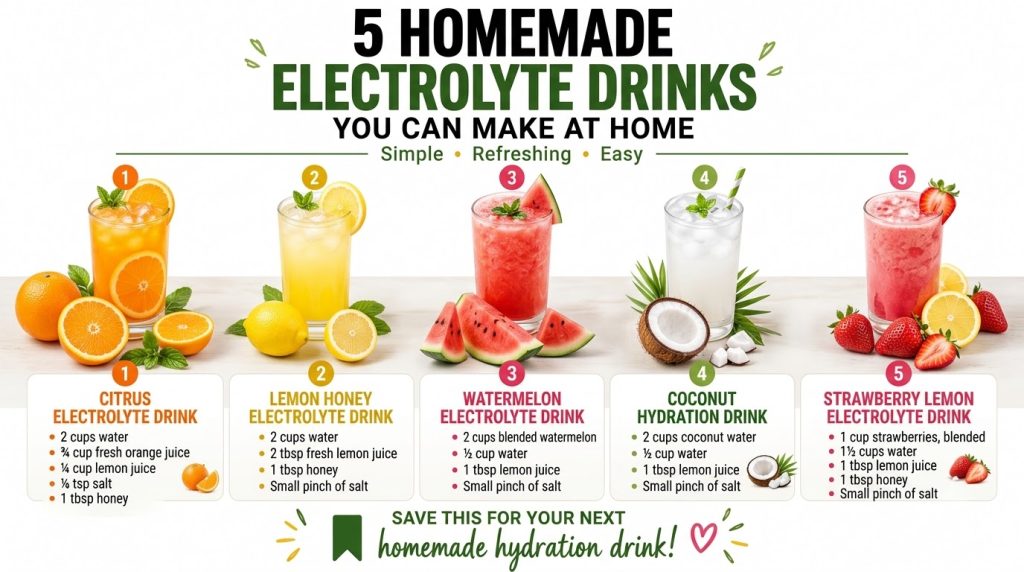 An infographic showing 5 different homemade electrolyte drinks with their fruit ingredients and recipe cards below