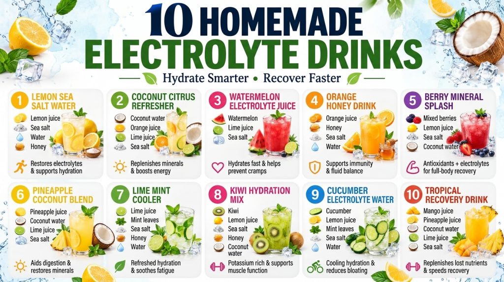 Infographic showing 10 different homemade electrolyte drink recipes with ingredients benefits and vibrant images of drin