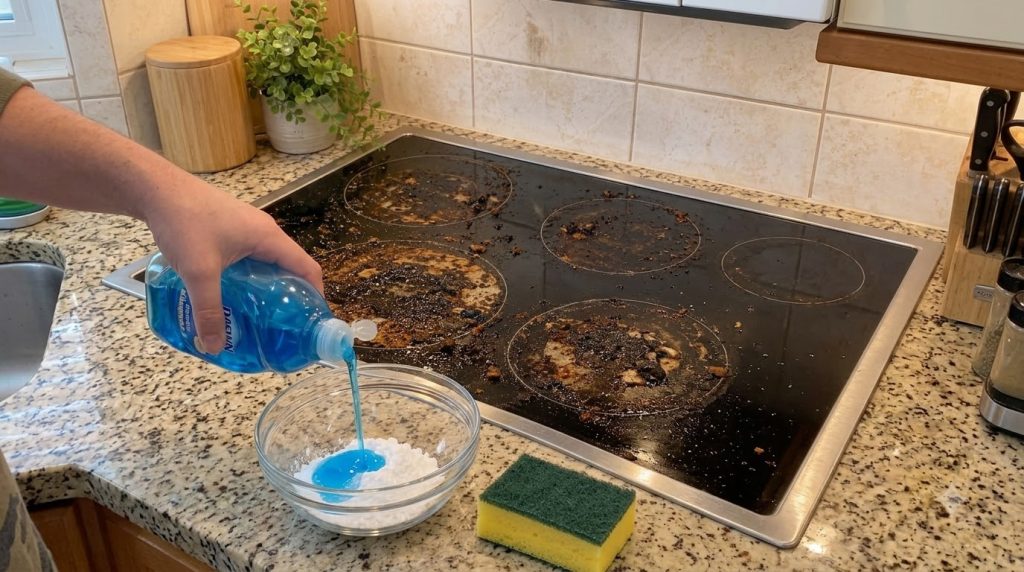 Una mano vertiendo jabón azul para platos en un tazón de vidrio con polvo blanco bicarbonato de sodio sobre una encimera