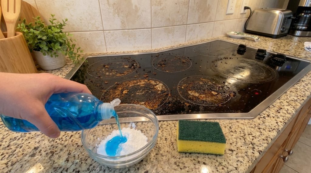 Una mano vertiendo jabón líquido azul en un cuenco con bicarbonato de sodio blanco para crear una pasta de limpieza Al f