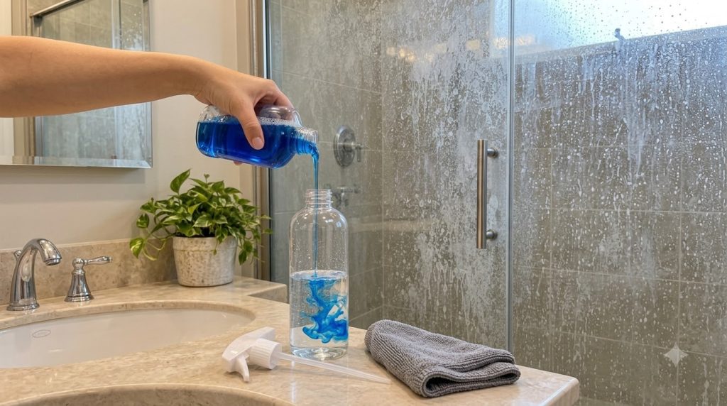 A hand pouring blue dish soap concentrate into a bottle filled with water creating vibrant blue plumes as it mixes In th