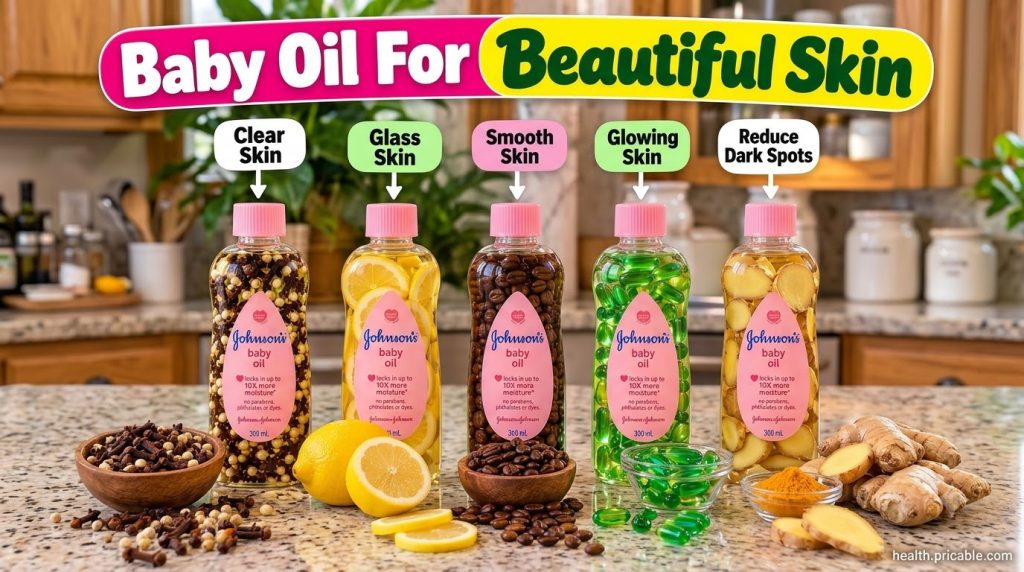 Five bottles of Johnson s baby oil each infused with natural ingredients like lemons coffee beans cloves ginger and gree