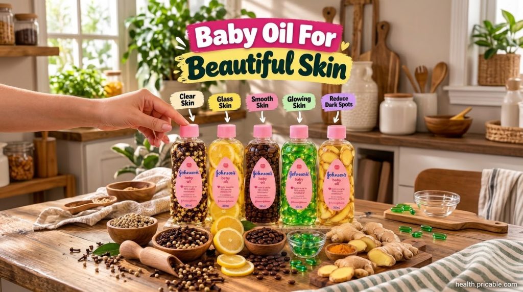 Five bottles of Johnson s baby oil infused with natural ingredients like lemon coffee ginger chocolate chips and green c
