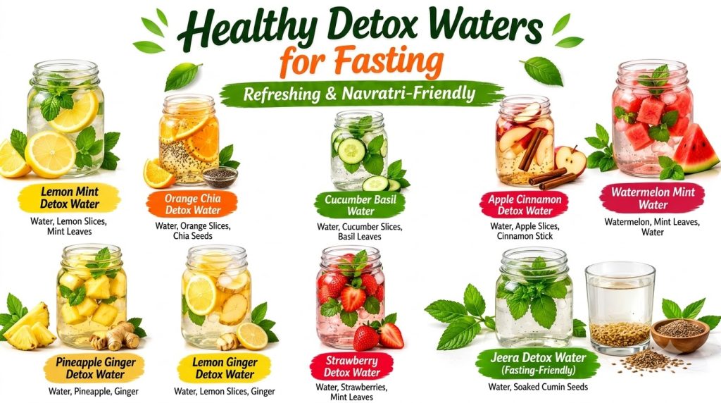 A vibrant grid display of nine different detox water recipes each in a clear glass jar or cup filled with colorful fruit