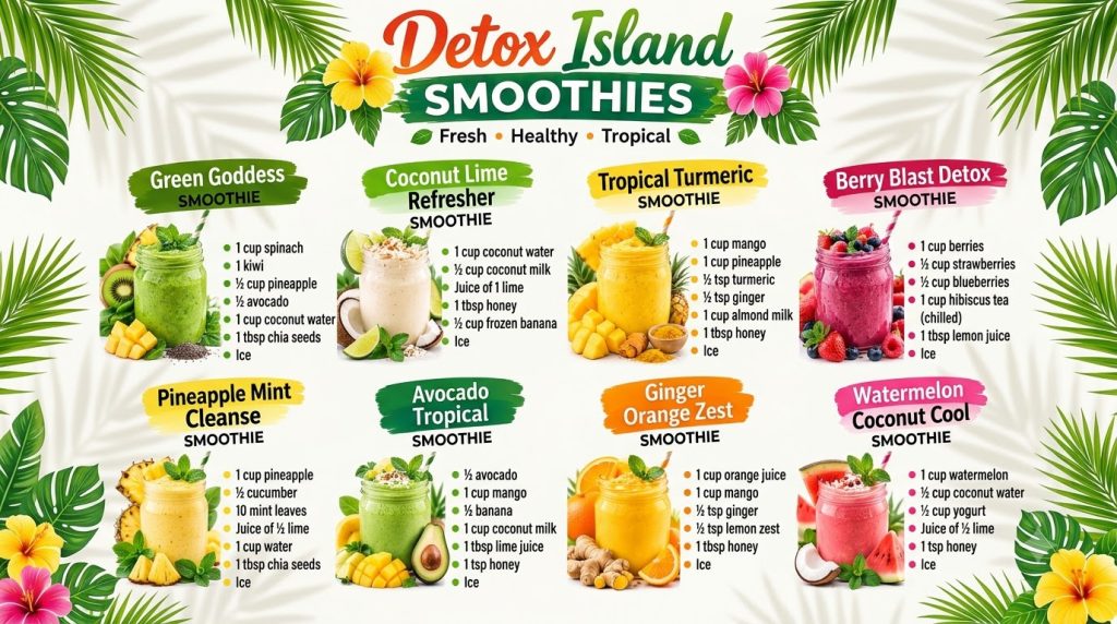 A vibrant grid of eight different Detox Island Smoothies in glass jars each surrounded by its fresh ingredients like fru