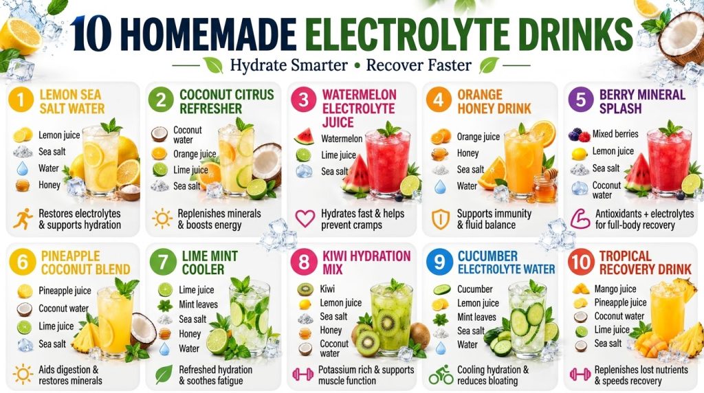 A grid of 10 different homemade electrolyte drinks in glasses surrounded by fresh fruits like lemons limes berries water