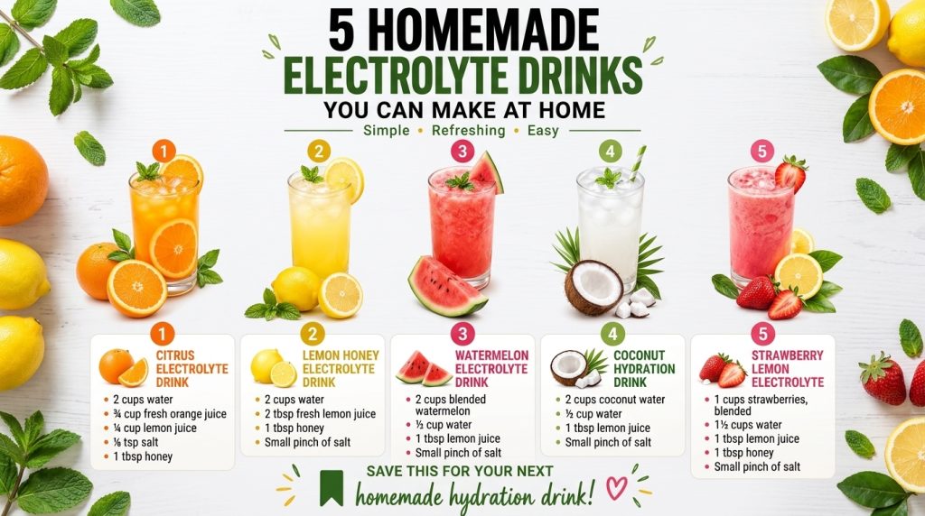 A vibrant infographic showcasing five homemade electrolyte drinks Citrus Lemon Honey Watermelon Coconut Hydration and St