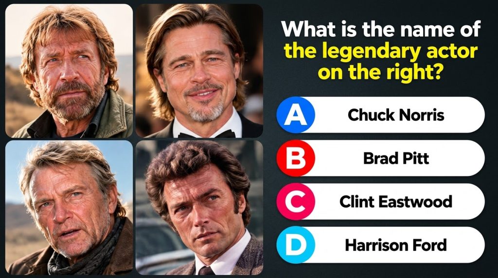 A quiz image with four headshots of actors Chuck Norris Brad Pitt Harrison Ford and Clint Eastwood arranged in a 2x2 gri