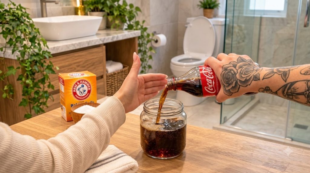 Hands pouring Coca-Cola from a bottle into a glass jar with a box of Arm Hammer Baking Soda nearby set against a blurred