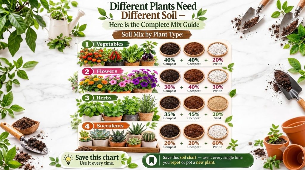 An infographic illustrating ideal soil mixes for vegetables flowers herbs and succulents showing bowls with different pr