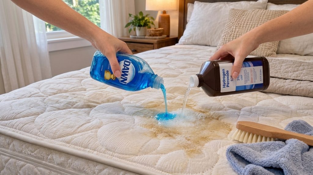 Hands pouring dish soap and hydrogen peroxide onto a stained mattress showing the liquids mixing and frothing with a scr