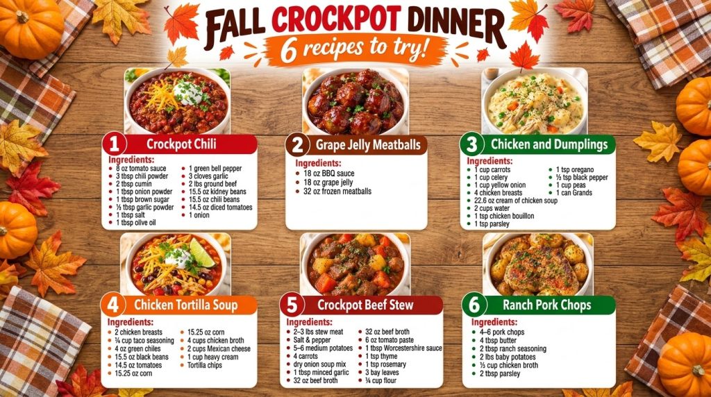 A vibrant collage of six different crockpot dinner recipes each displayed with a high-quality photograph of the dish its
