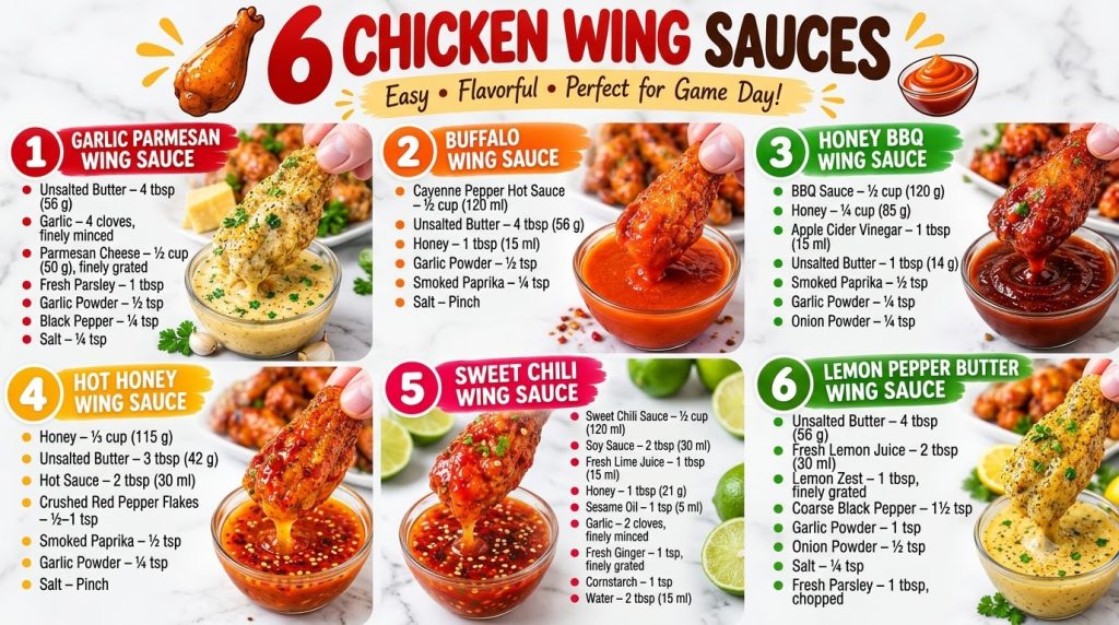 A culinary infographic showcasing six distinct chicken wing sauces each with a hand dipping a crispy chicken wing into a