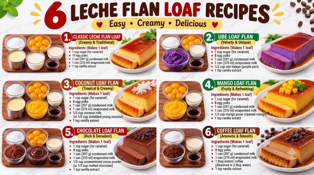 A vibrant recipe guide for six distinct Leche Flan Loaf variations Each section features ingredients in bowls on the lef
