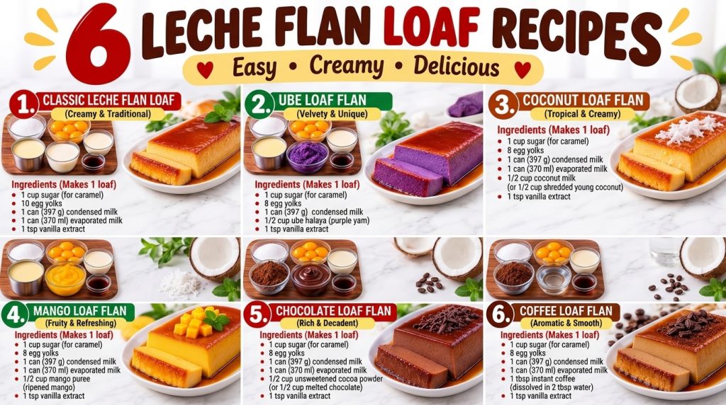 A vertical grid showing six different Leche Flan loaf recipes On the left are small bowls with raw ingredients and on th