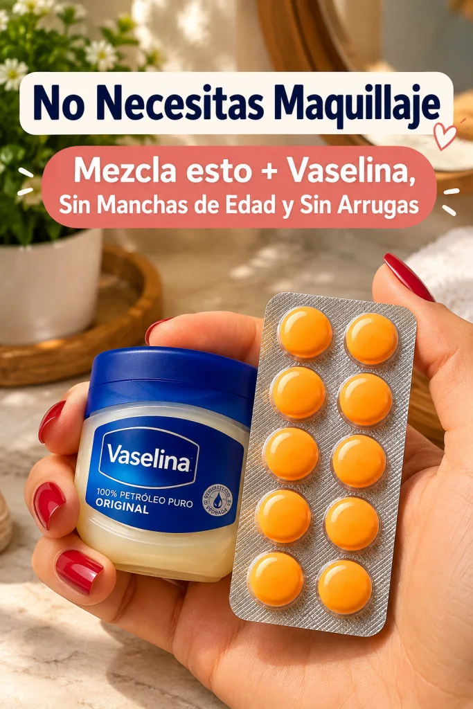 A hand holding a small blue-and-white Vaseline tub and a silver blister pack of orange pills with a blurred green foliag